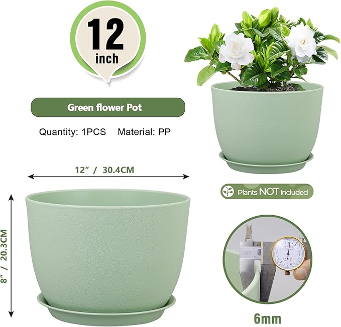 12 inch Big Plant Pots, Plastic Planters with Drainage Holes and Trays, Flower Pots for Indoor Outdoor Plants, Modern Decorative Pots for Garden House Plants, Green