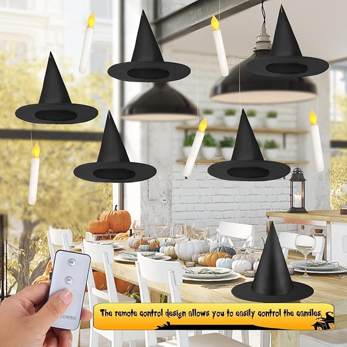 80 Pcs Halloween Hanging Witch Hats and Taper Floating Candles Set Includes 12 Witch Hats 12 LED Floating Candles Lights 56 3D Bats Wall Stickers for Halloween Decoration Front Porch Yard Decor