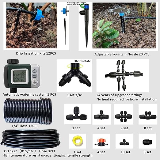 162ft Drip Irrigation Kit 5/16“ID Main Hose and 1/4 Inch Pipe Drip Irrigation System with Water Timer Auto Watering System for Garden Adjustable Spray, for Greenhouse, Garden, Lawn, Potted Plants