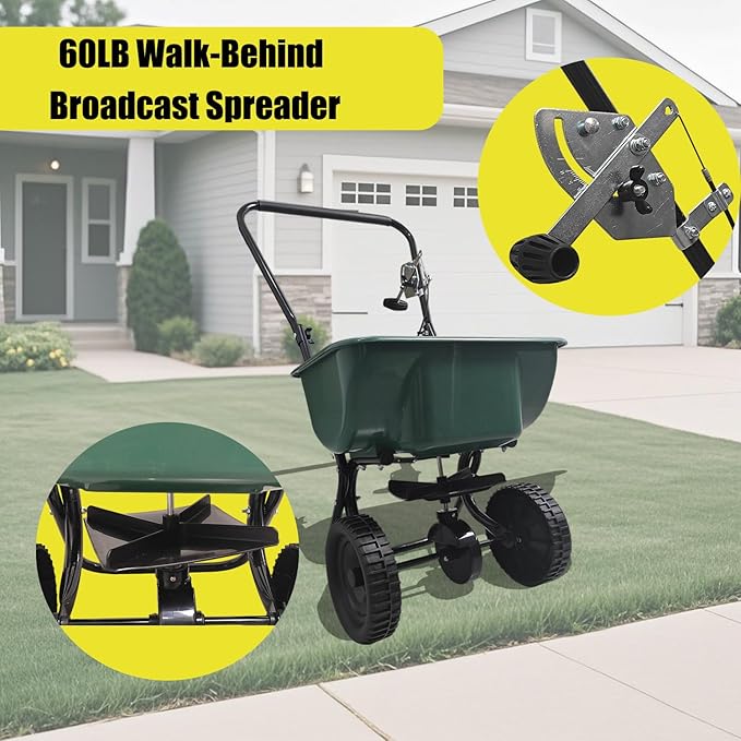 60LB Walk-Behind Broadcast Spreader for Seed,Fertilizer,Salt,Ice Melt, Fertilizer Spreader with Adjustable Drop Rate, Seed Spreaders for Lawns