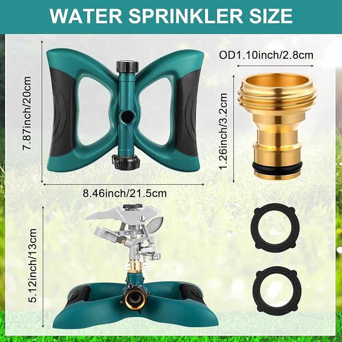 1 Packs Lawn Impact Sprinkler Heavy Duty Rotating Adjustable Pulsating Water Sprinkler Head with Metal Base, Adjustable Spraying Area and Distance for Large Area Garden Lawn Yard Irrigation