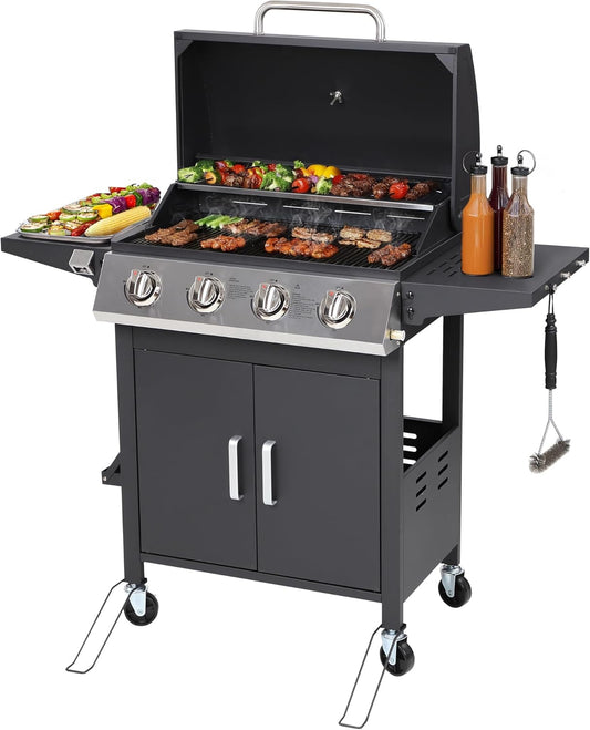 4-Burner Propane Gas Grill, Stainless Steel BBQ with 40,000 BTU, Foldable Side Shelves, Porcelain-Coated Grates, Ideal for Patio & Backyard Cooking (4 Burner)
