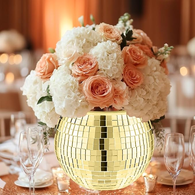 2 Pcs Disco Ball Vase,5 x 6 Inch Mirrored Disco Ball Planter,Disco Ball Candle Holders Perfect Disco Decorative Planters for Living Room Bedroom Table Wedding Party Birthday(Gold)