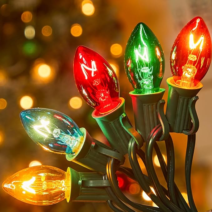 C7 Multicolor Christmas String Lights - 100ft Vintage Christmas Tree Lights, Outdoor Roofline String Lights with 100+4 Spare Bulbs for Patio Garden Holiday Indoor Home Xmas Decoration, Green Wire