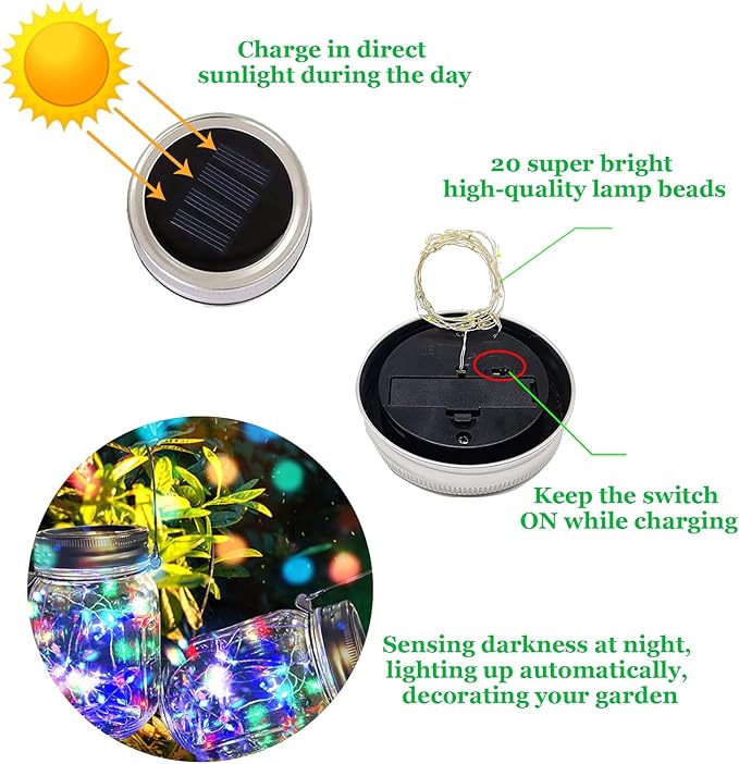 Hanging Solar Mason Jar Lights,ZQX 6 Pack 20 Led String Hanging Mason Jar Lanterns for Outdoor,Great Decor Light for Outside Patio Garden Yard Fence Wedding Table,Hangers and Jars Included（Multicolor）