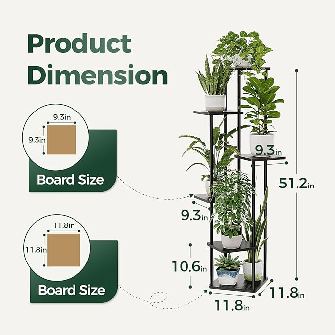 Bamworld 6 Tier Plant Stand Indoor, Tall Metal Plant Shelf for Multiple Plants, Corner Tiered Flower Stand for Patio Garden Balcony Living Room Bedroom(Black)