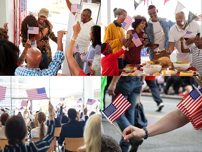 150pcs Small American Flags on Stick, Handheld 8 x 5.5 Inchs Mini American Flags with Kid-Safe Golden Spear Top, US Flags for 4th of July Decorations Outdoor, Independence Day Decorations