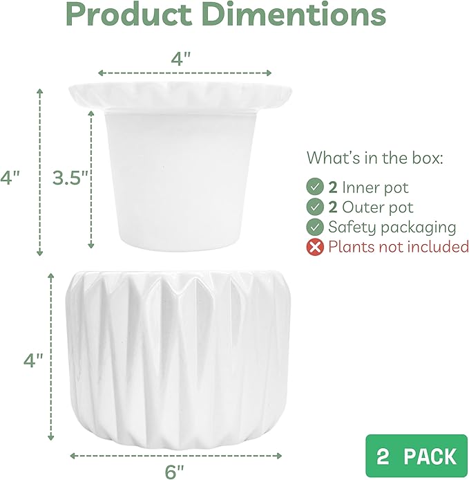 6 inch Self Watering Pot for Indoor Plants, African Violet Pot Ceramic, Flowers Planter (4 inch Opening), Holds 3 Weeks of Water (2 Pack White)