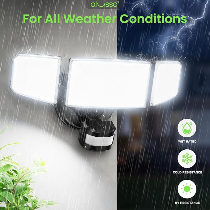 ALUSSO® LED Security Lights Motion Sensor, 60W 6000LM 3 Modes Flood Lights Outdoor Motion Sensor, 3CCT 3 Heads Outdoor Security Light Wet Location Use for House Garage Yard Walkway Black