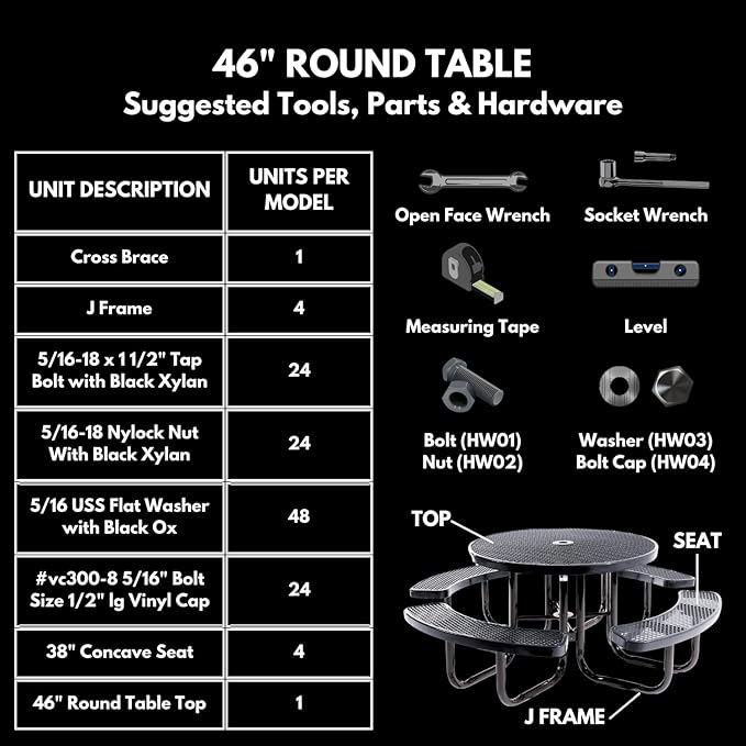 Heavy-Duty Portable Outdoor Picnic Table with Umbrella Hole, Expanded Metal Commercial-Grade Patio Dining Furniture Made in America (46" Round Top, Light Blue)