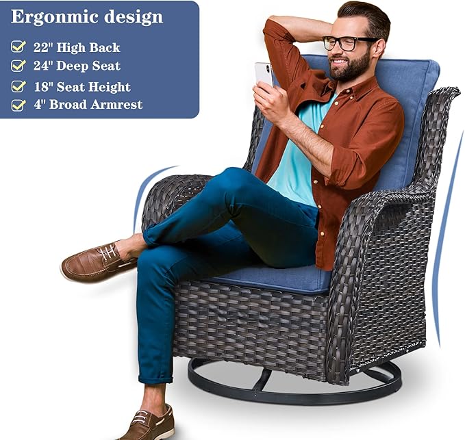 Outdoor Patio Furniture Set with Propane Fire Pit Table, 7 Pieces Wicker Patio Conversation Set with 2 Swivel Glider Rocker Chairs Rattan Sofa Blue Cushion Perfect for Casual Gathering