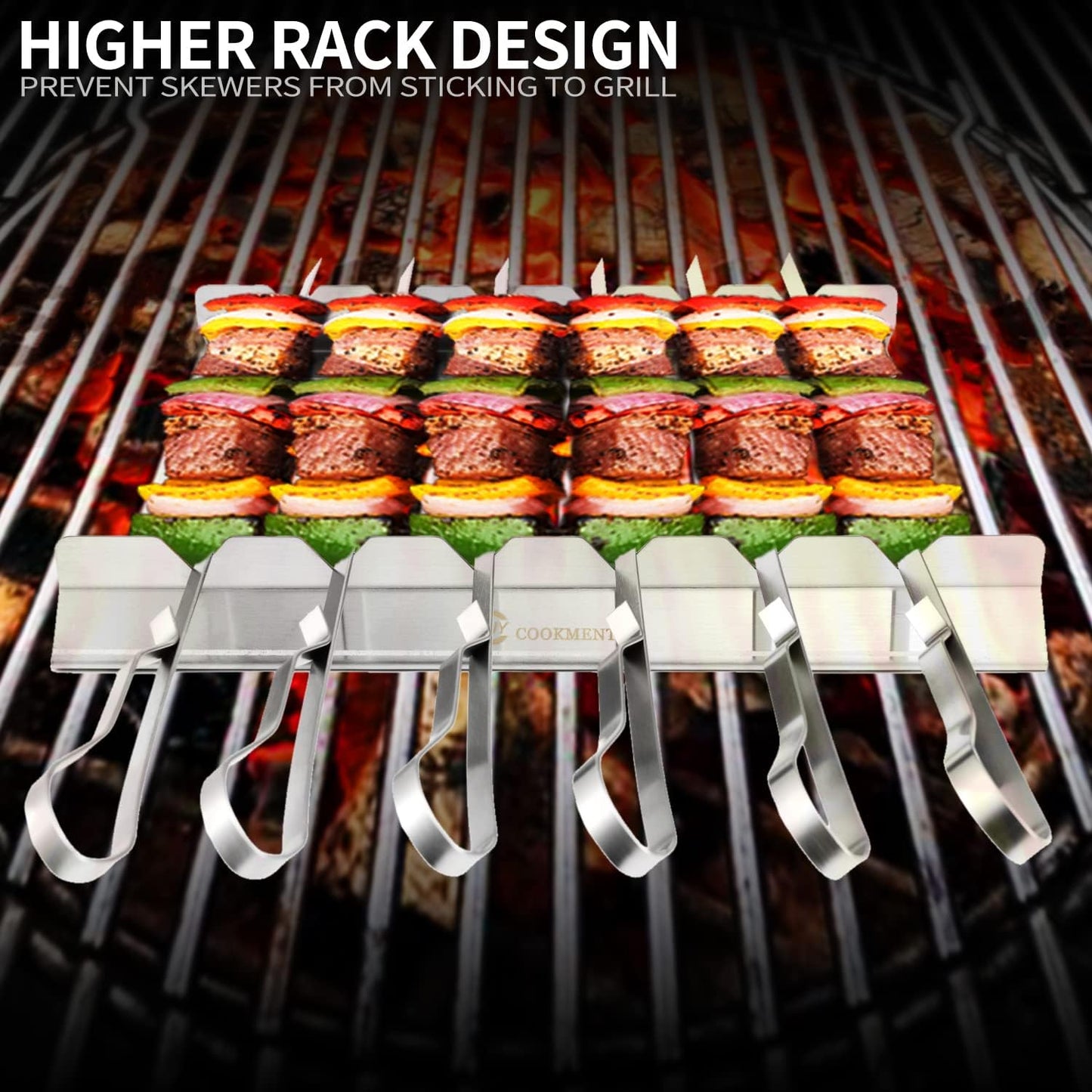 Kabob Skewers Stainless Steel Long BBQ Barbecue Skewers, Flat Metal Kebob Sticks Wide Reusable Grilling Skewers for Meat Chicken,Set of 9 Including 2 barbeecue rack with Storage Bag