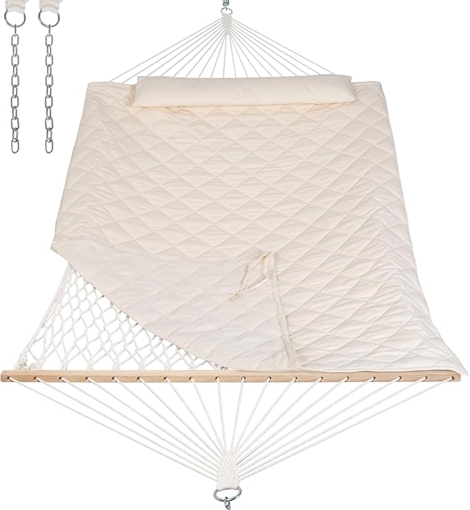 ANOW Outdoor Rope Hammock with Spreader Bars, Heavy Duty Hammock with Pad for Outdoors, 450 LBS Weight Capacity, Cream
