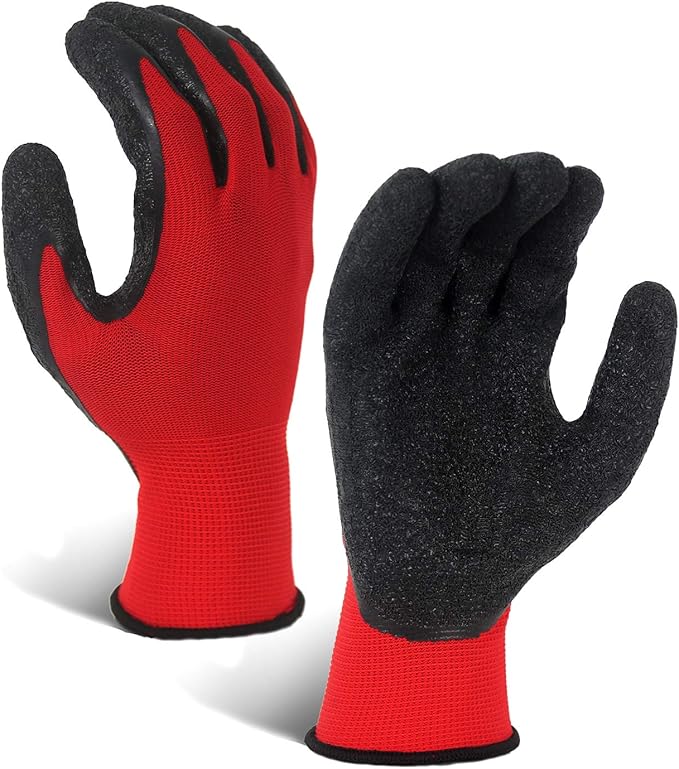 Evridwear Crinkle Latex Rubber Hand Coated Safety Work Gloves for Men Women General Multi Use Construction Warehouse Gardening Assembly Landscaping (L-Size) 12 Pairs Pack