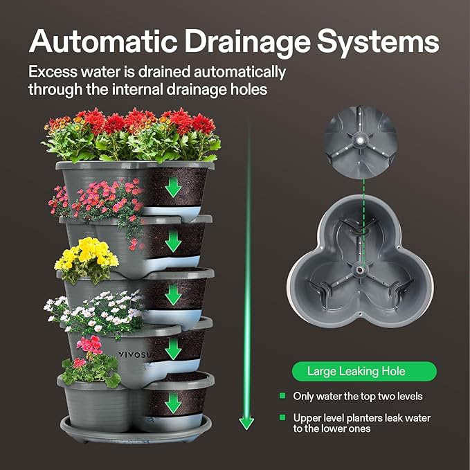 VIVOSUN 5 Tier Vertical Gardening Stackable Planter for Strawberries, Flowers, Herbs, Vegetables, Grey