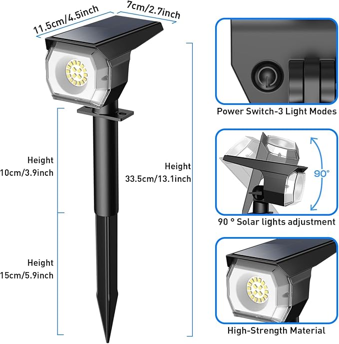 EIUIO Solar Outdoor Lights, Solar Lights Outdoor Waterproof, Solar Spot Lights Outdoor with Auto On/Off and 3 Lighting Modes, Outdoor Lights for Garden Decor, Outdoor Decor, 4 Pack(Cool White)