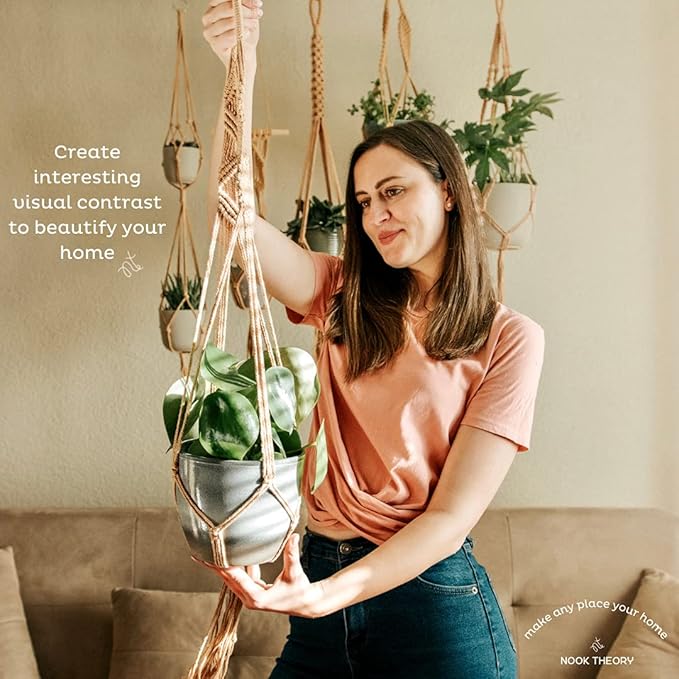 6-Pack Macrame Plant Hanger - 12 Ceiling Hooks, Plant Hanger Indoor, Hanging Plant Holder, Hanging Planters for Indoor Plants, Boho Plant Hanger, Plant Hangers Indoor Macrame (Caramel)