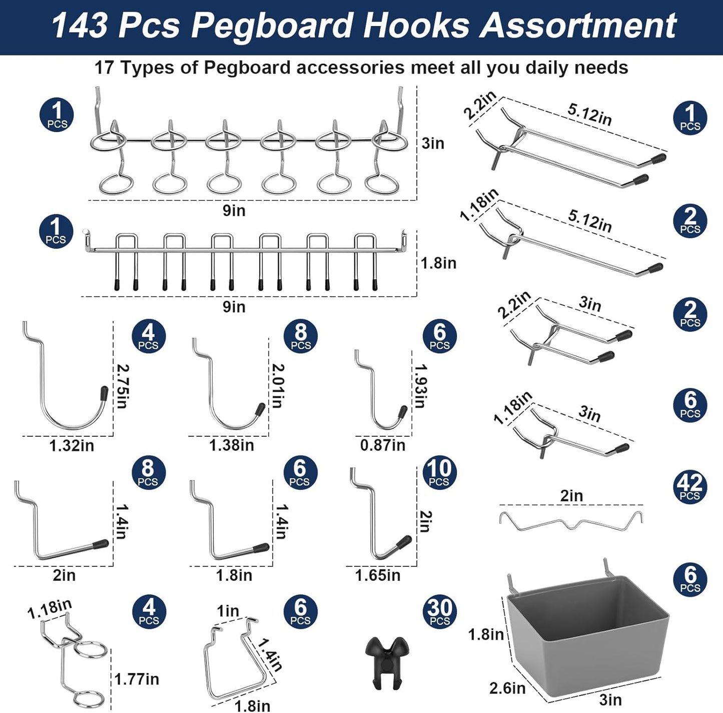 17-in-1 Pegboard Hooks Assortment - 143 Pcs 14 Sizes Peg Board Organizer Accessories Kit with 6 Pegboard Bins, 30 Silicone & 42 Stainless Steel Peg Hook Locks for 1/4" and 1/8" Pegboards Hanging Tools