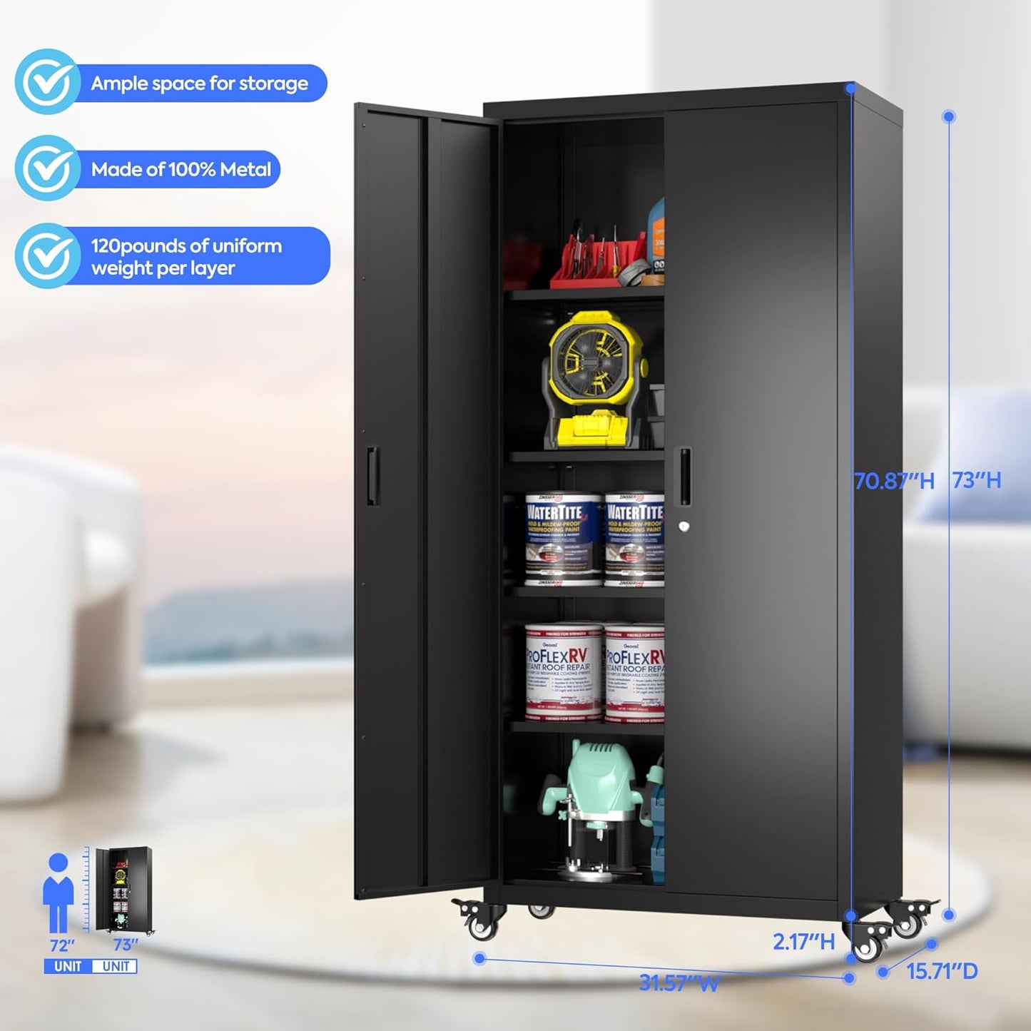 73" H Metal Garage Storage Cabinet with Wheels,Rolling Tool Storage Cabinet with 2 Doors and 4 Adjustable Shelves for Garage,Home,Office,Warehouse,Workshop, Required-Assembly,Black