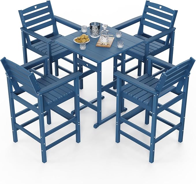 5-Piece Bar Height Outdoor Table and Chairs Set, HDPE Wood Grain Patio Bar Table and Chairs with Heart Cutout Design, Weather-Resistant Bar Height Furniture for Deck, Porch, Pool (Navy Blue)