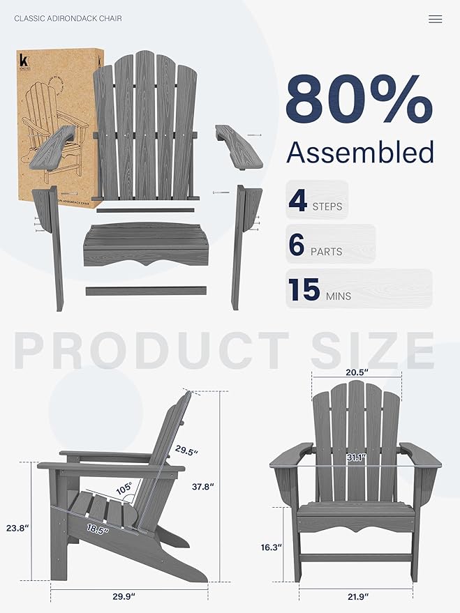 KINGYES HDPE Adirondack Chair Set of 6, Classic Oversize Adirondack Chair, Grey
