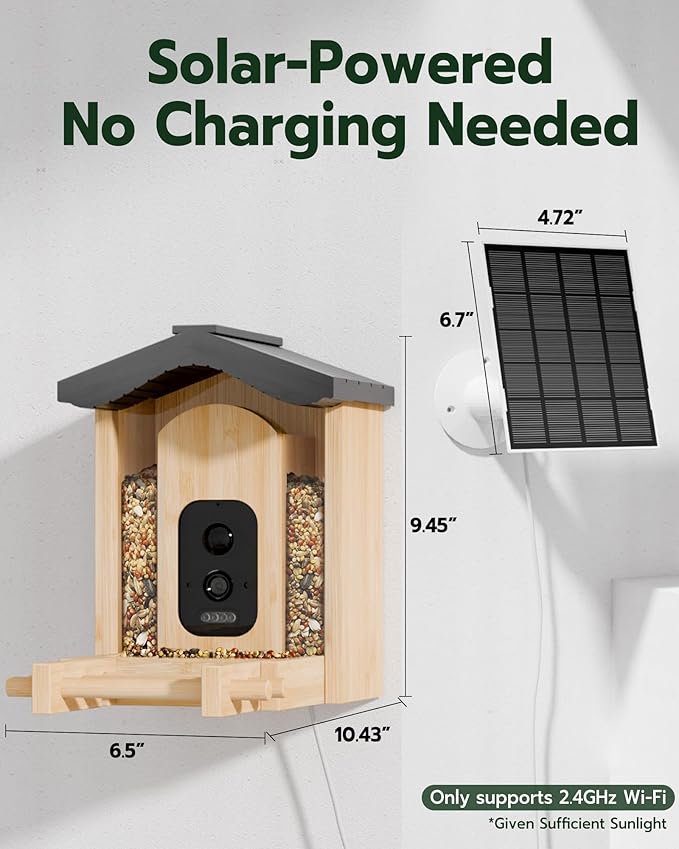 Bird Feeder with Camera, Smart Bird Feeder for Outdoors, Wild Birds Feeders with Solar Panel Bamboo Birds House Camera for Birdlovers, AI Auto Capture Birds & Real-time Notification (Gable)