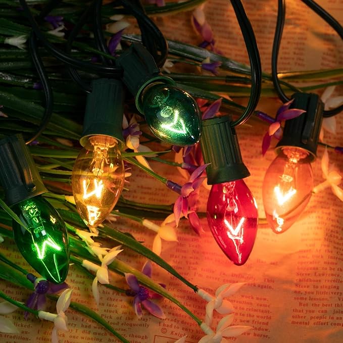 C7 Christmas Lights Outdoor 50 Feet Multicolor Christmas String Lights Green Wire for Room Roofline House Garden Patio Backyard Cafe Party Xmas Home Decorations, 50 Clear Bulbs