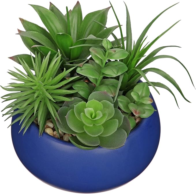 Fake Plants Artificial Succulents in Pots Faux Succulent Arrangement Potted Plant in Blue Ceramic Planter Bowl for Home Decor Office Desk Bathroom Shelf Living Room Indoor Decorations