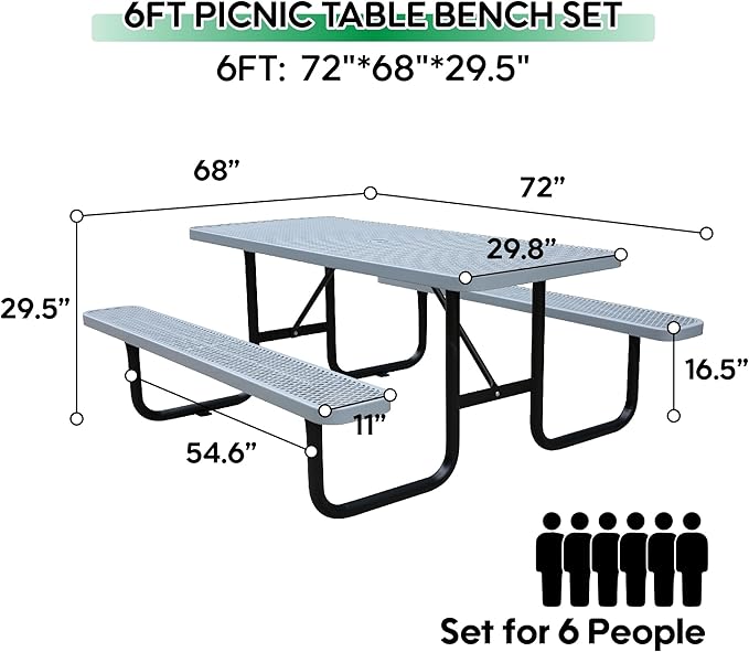 6FT Metal Picnic Tables for Outdoors, Commercial Rectangular Picnic Table and Bench Set for Outside, Patio, Garden, Backyard, Porch, Surface Mount, Grey