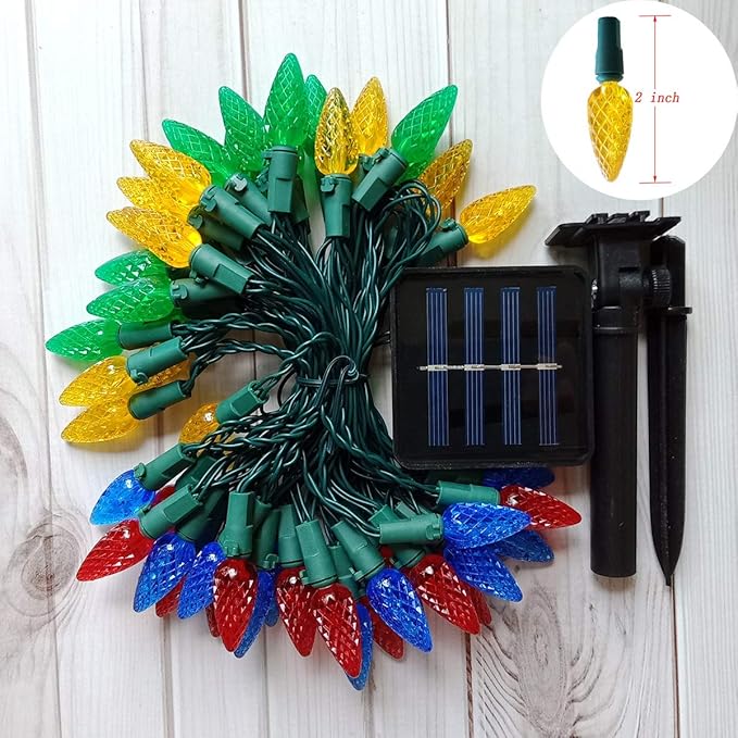 Solar Christmas Lights Outdoor C6 Strawberry String Lights, LED Christmas Fairy Lights 50 LEDs Solar Operated Rechargeable Garden Lights for Christmas Tree, Holiday, Arbor Decor(Multicolor, 8 Modes)