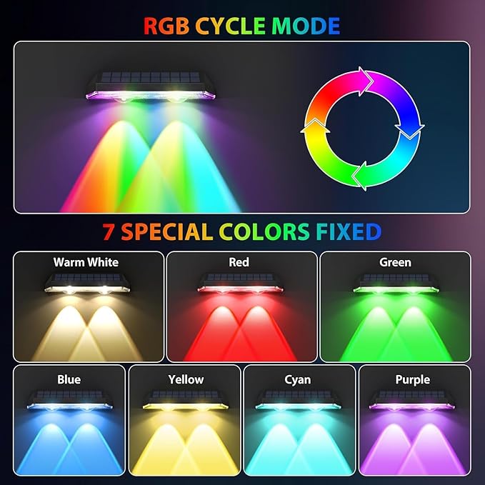 Solar Fence Lights,RGB & Warm White & 6 Colors Bright Lens LED Dusk to Dawn Deck Light Outdoor Waterproof, Solar Outdoor Lights for Backyard/Railing/Wall/Step/Patio/Pool (16Pack)
