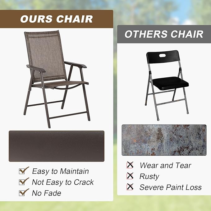 Aoodor Folding Patio Dining Chairs Textilene Fabric, Outdoor Steel Frame for All Weather Use, Fit for Porch, Lawn, Yard, Set of 4, Brown