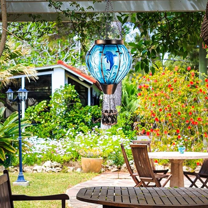 Blue Dolphin Hot Air Balloon Solar Lantern with Flame Flickering Light LED Glass Hanging Solar Lanterns Outdoor Waterproof Hot Air Balloon Decor for Patio Yard Garden Mother Day Gift for Women