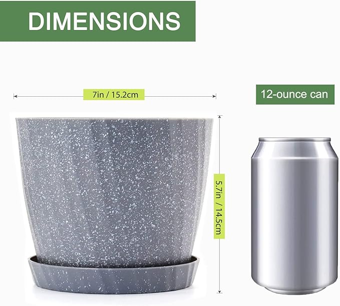 7 Inch Plant Pots Bulk, 6 Pack Plastic Planters with Drainage Holes and Saucers for Indoor Outdoor House Plants and Flowers, Grey