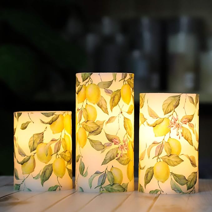 Flameless Candles Lemon Decor Battery Operated Lights with Remote Real Wax Flicker Electric Pillar Fake Candle for Home Bridal Shower Coffee Table Party Decorations Birthday Gifts for Women