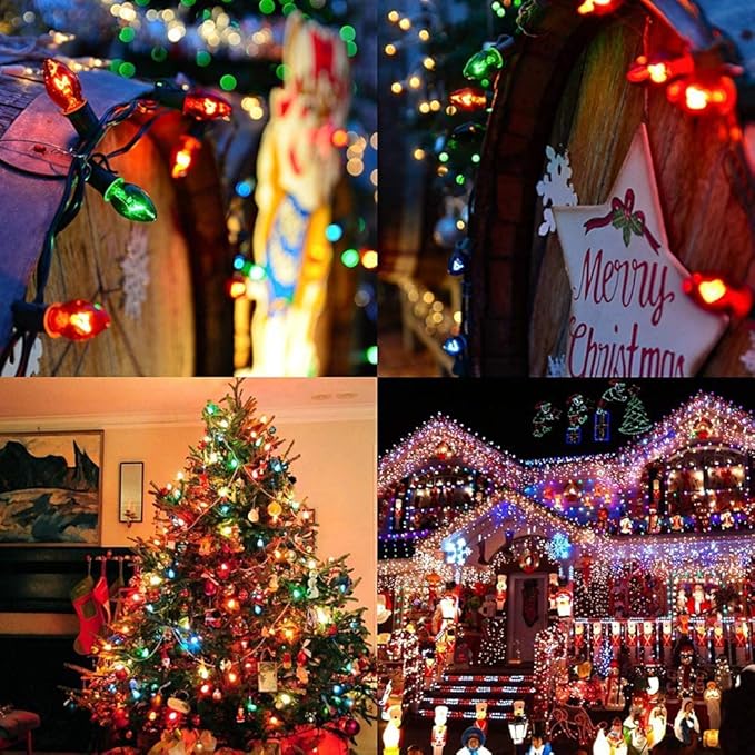 Abeja 25Ft Multicolor Christmas Lights, C7 Outdoor Christmas Light with 27 Clear Colorful Bulbs (2 Spare), Vintage Outdoor String Lights for Christmas Holiday Prom Roofline Party Wedding Decor, Green