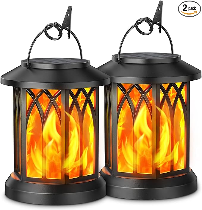 KOOPER Hanging Solar Lights Lantern Outdoor, Flickering Flames Solar Outdoor Lights, Solar Lanterns Outdoor Waterproof with Bigger Solar Panel, Auto ON/Off Solar Lantern for Yard Garden Decor, 2 Pack