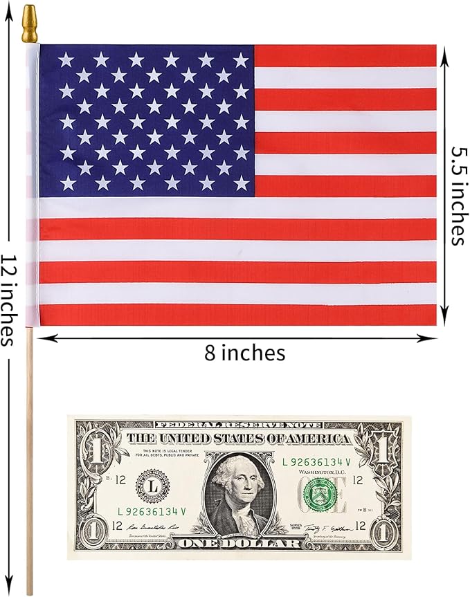 300pcs Small American Flags on Stick, Handheld 8 x 5.5 Inchs Mini American Flags with Kid-Safe Golden Spear Top, US Flags for 4th of July Decorations Outdoor, Independence Day Decorations