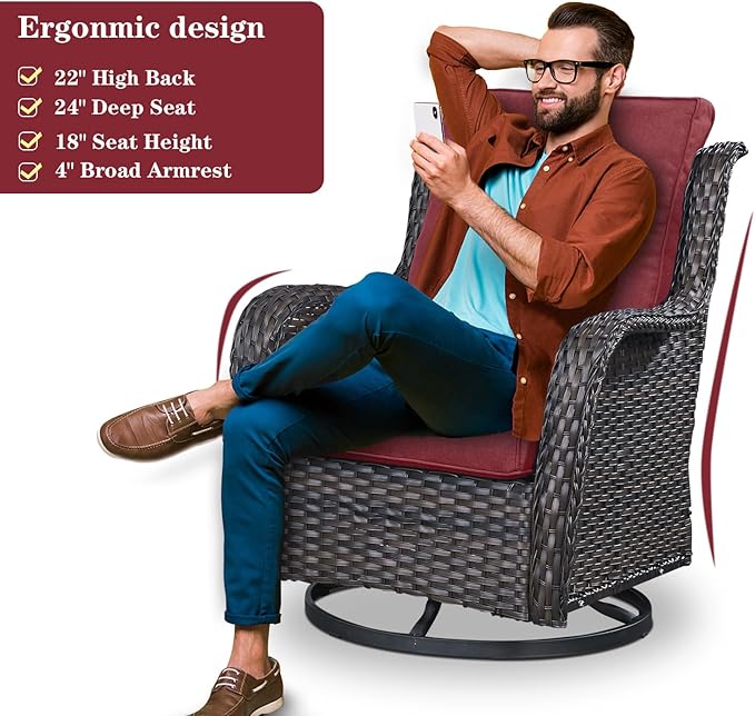 5 Piece Outdoor Patio Furniture Set - Wicker Furniture Patio Conversation Set, Outdoor Swivel Rocker Chairs with Loveseat Sofa and 2 Ottomans for Small Space, Red Cushion