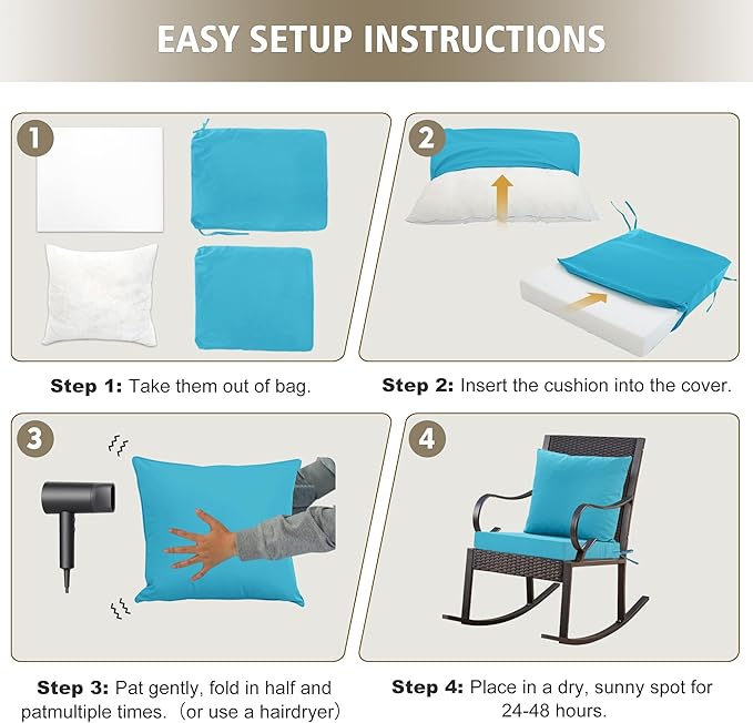 24x24 Inch Outdoor Cushions for Patio Furniture Set of 2, Waterproof Outdoor Chair Cushions w/Fade-Resistant, Removable & Machine-Washable Covers, Deep Seat Sofa/Couch Pad Replacement, Teal