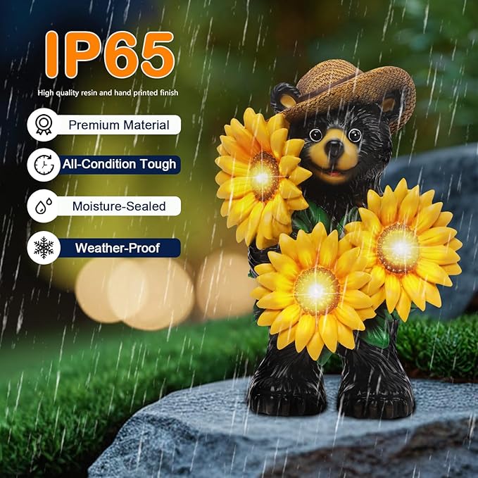 Bear Statue with Sunflowers LED Light 7.2" Solar Lamp Outdoor Garden Patio Yard Porch Lawn Decor Waterproof Resin Black Bear Figurine Unique Garden Gifts for Women Mom Grandma Sister