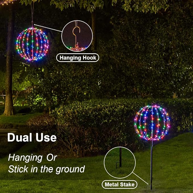 Christmas Ball Sphere, 20IN 200LED Hanging Tree and Pathway Light With Hook and Stake, Foldable Metal Frame Ball for Outdoor Garden, UL Listed, White Frame, RGB