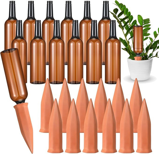 Baderke 12 Set Plant Watering Devices, Terracotta Watering Spikes with 25 oz Plastic Wine Bottles, Slow Release Vacation Insert Automatic Plant Waterer Device for Indoor Outdoor