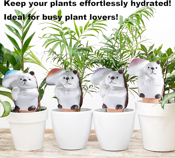 4-Pack Self-Watering Terracotta Spikes for Plants, Automatic Plant Watering Stakes, Keeps Plants Hydrated While You're Away, Ideal for Indoor & Outdoor Use (Hedgehog with Umbrella Design)