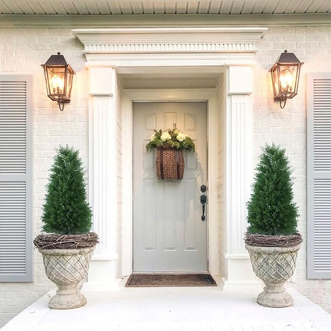 3FT Artificial Cedar Topiary Ball Trees with Ground Spike, 2 Pack UV Resistant Artificial Shrubs, Fake Evergreen Artificial Plant Brush for Indoor Outdoor Front Porch Garden