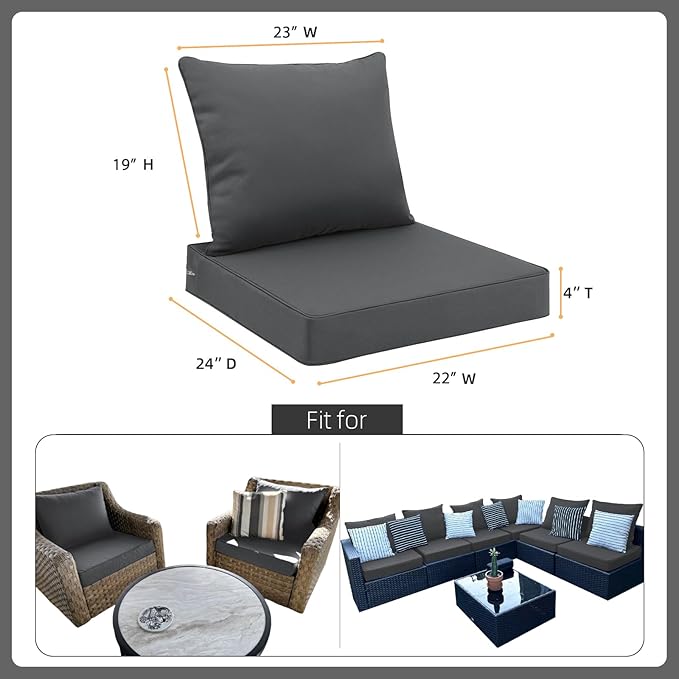 Favoyard Outdoor Seat Cushion Set 22 x 24 Inch Waterproof & Fade Resistant Patio Furniture Cushions with Removable Cover Deep Seat & Back Cushion with Handle and Adjustable Straps for Chair Sofa Couch