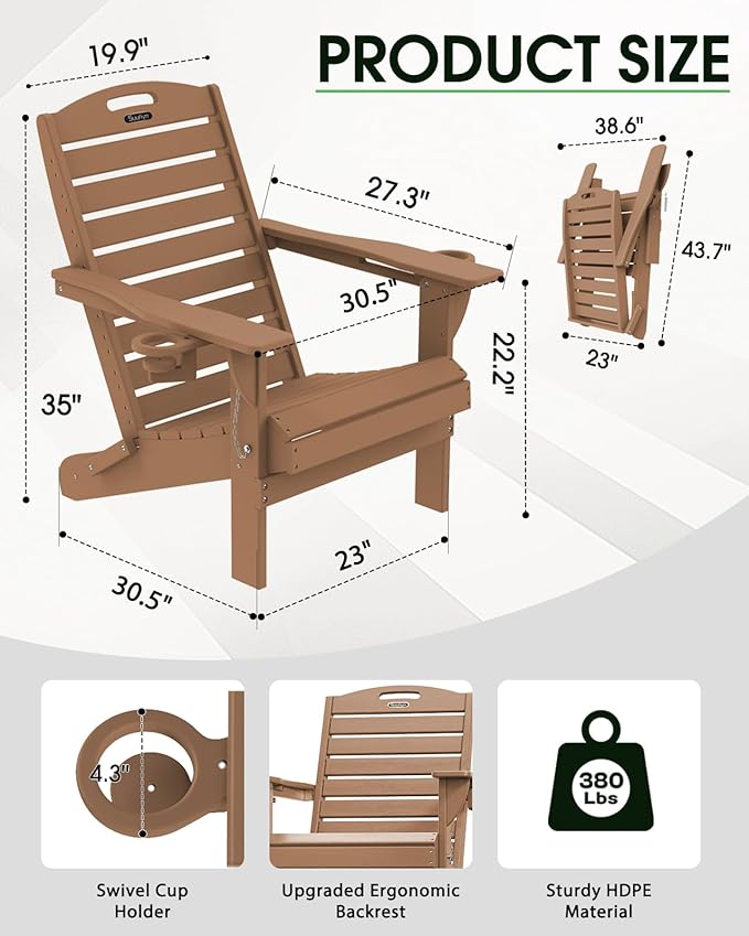 Adirondack Chairs Set of 2, Outdoor Fire Pit Chairs, HDPE All-Weather Adirondack Chairs with Cup Holder, Lawn Chair for Deck, Patio, Garden (Teak)