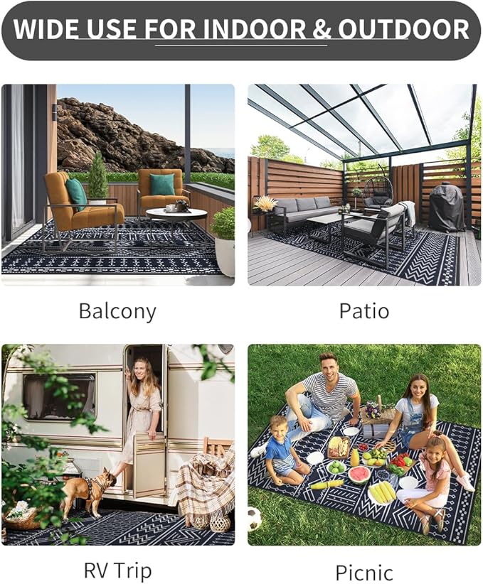 Outdoor Rug Carpet Waterproof 5x8 ft Patio Rug Mat Indoor Outdoor Area Rug for RV Camping Picnic Reversible Lightweight Plastic Straw Outside Rug for Patio Decor Decoration Boho Rug Navy Blue White