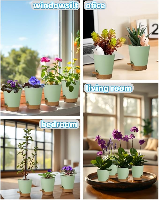 12 Pack 4 Inch Self Watering Plant Pots with Drainage and Saucers，Plastic Flower Pots for Indoor and Outdoor Plants, Nursery Planters for Houseplants and Herbs Green Brown, 4 inch 12pcs