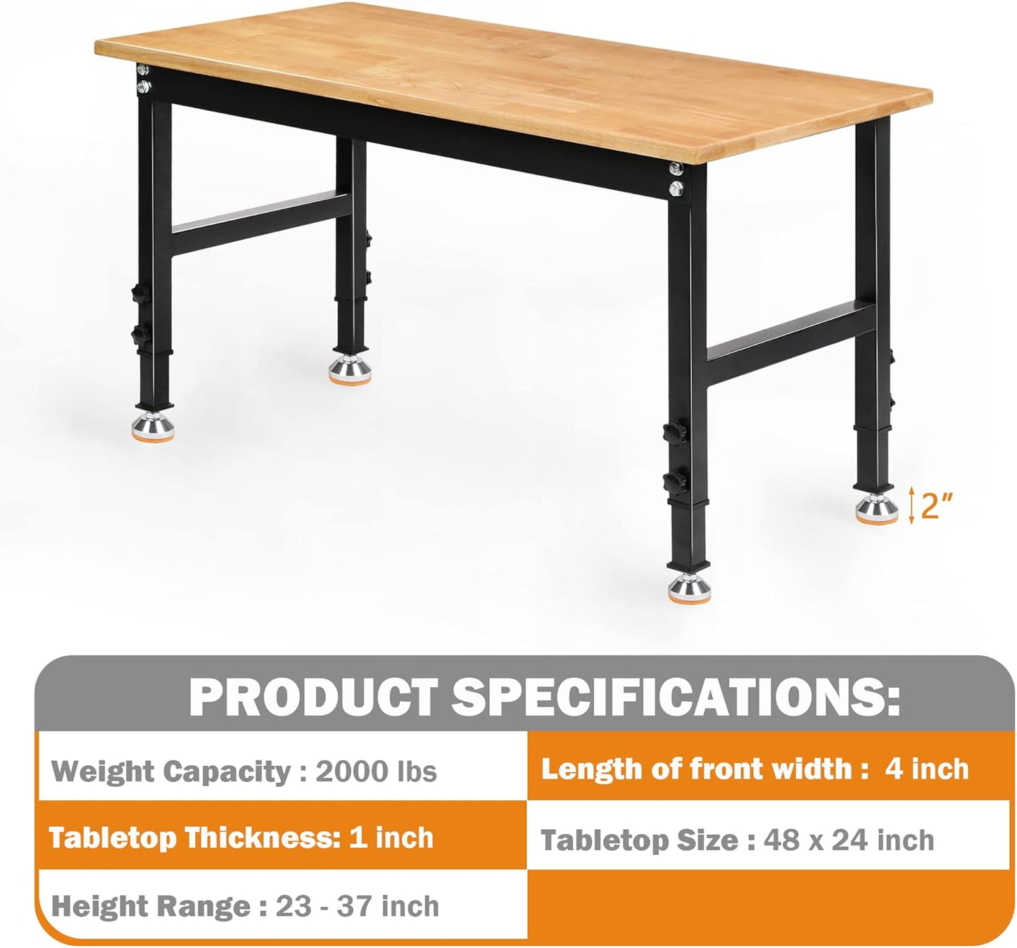 48" Heavy-Duty Adjustable Workbench for Garage, Rubber Wood Shop Table W/Rubber Pads, Hardwood Workstation Weight Capacity Over 2000 Lbs